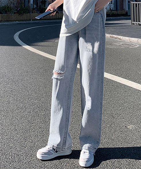ダメージデニムパンツハイウエストジーパン レディース 大人カジュアル ロングパンツ 着やせ ストレートジーンズ 韓国風 セミワイドパンツ ヴィンテージジーンズ無地 80YT-036